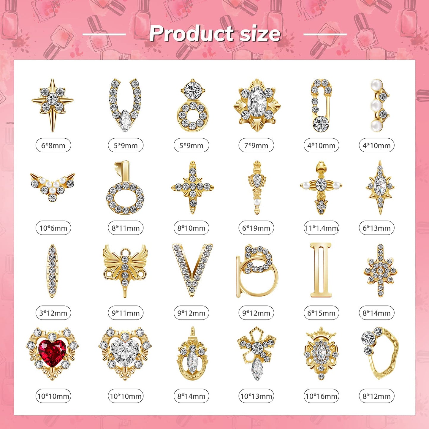 Maitys 48 Pcs Gold Charms 3D Nail Rhinestones Nail Gems 24 Styles Y2k Cross Heart Shiny Diamonds Dangle Crystals Jewels Nails Decoration with Storage Box for Women DIY Hand Beauty Craft Jewelry Making