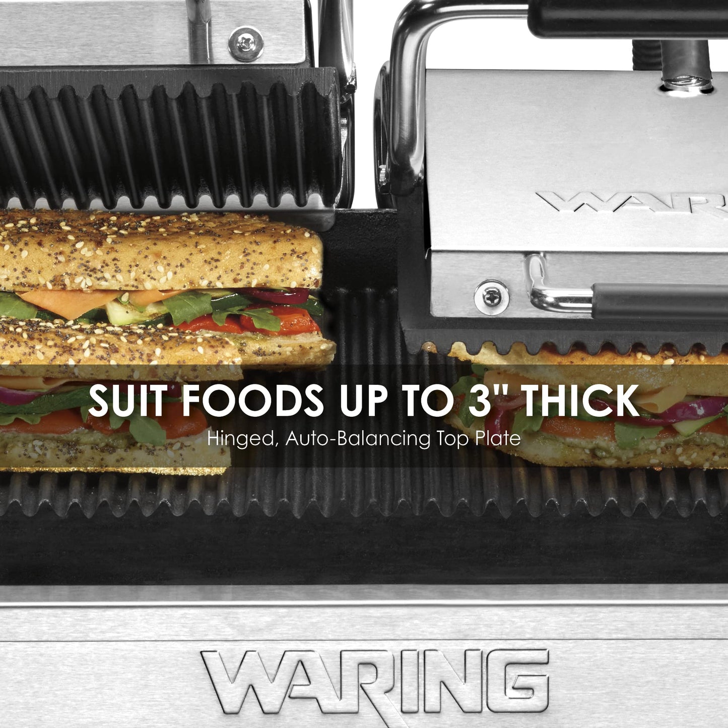 Waring Commercial WPG300 Panini Otimo Dual Ribbed Panini Grill, 240V, 3200W, 6-20 Phase Plug, Silver, 15.5 x 18.75 x 9.25 inches