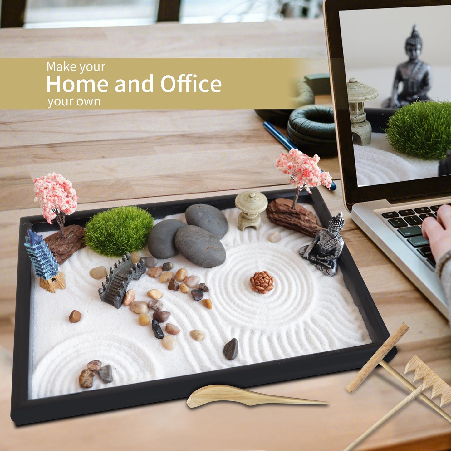 SUMWE Zen Garden for Desk Mini Japanese Desktop Sand Office Miniature Zen Garden Box with Kit 11.8 X 7.9 in