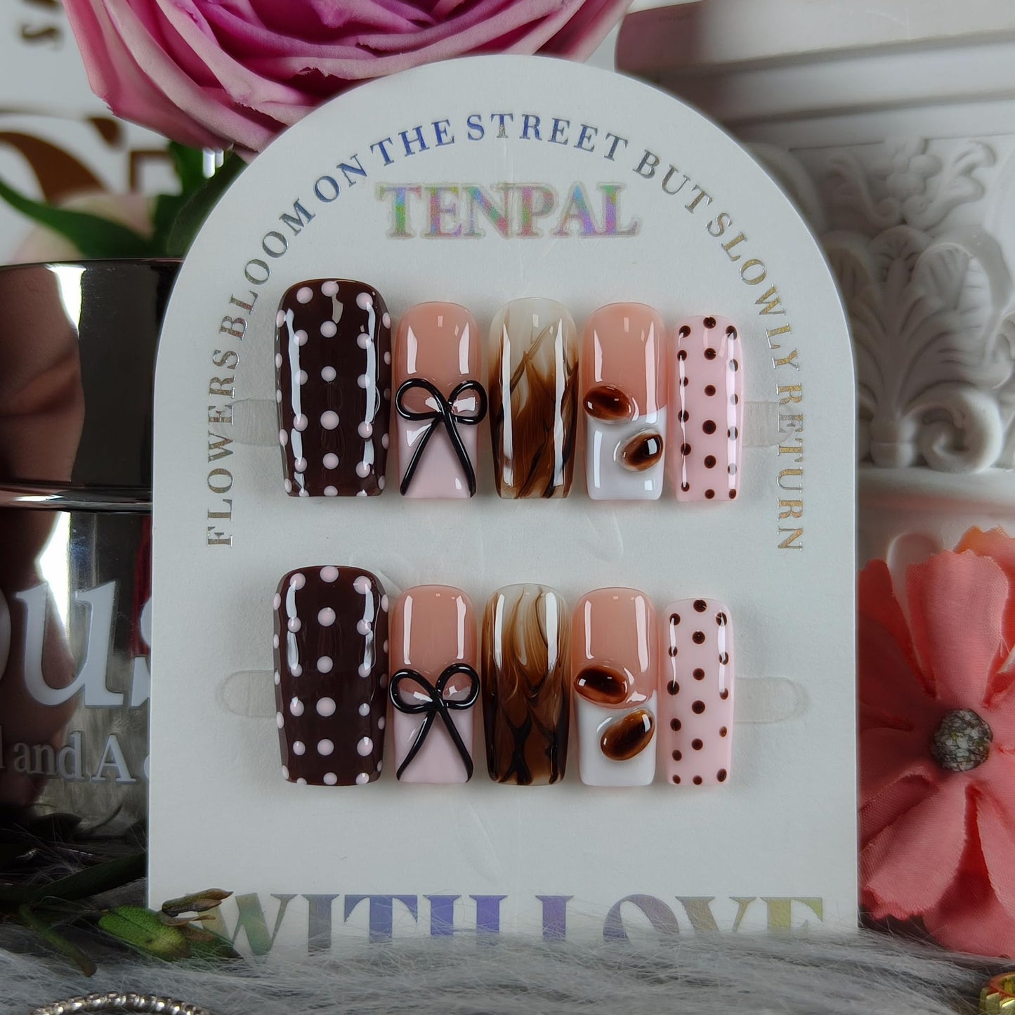 TENPAL Pink Coffee French Tip Press on Nails Medium Square, Polka Dot Ombre 3D Coffee Bean Cute Sweet Girly Reusable Salon False Nails for Daily Wear 10PCS(M)