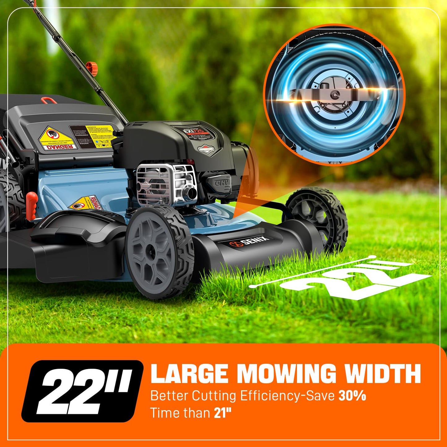 SENIX 163 cc 22-Inch Self Propelled Gas Lawn Mower with 4-Cycle B&S Engine, 3-in-1 Rear Wheel Drive Variable Speed Lawnmower, 6-Position Height Adjustment, LSSG-H2