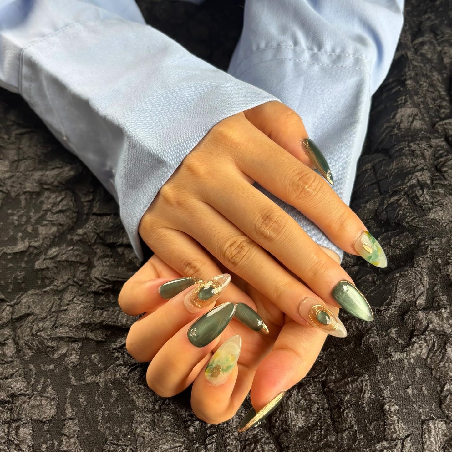 AKA Unicorn Handmade Press On Nails Short Almond, Greenish - Grey & Translucent Acrylic Fake Nails with Gold Accents, Luxury Press On Nails with Charm Design for Wedding & Party Wear(AKA 014, Long)