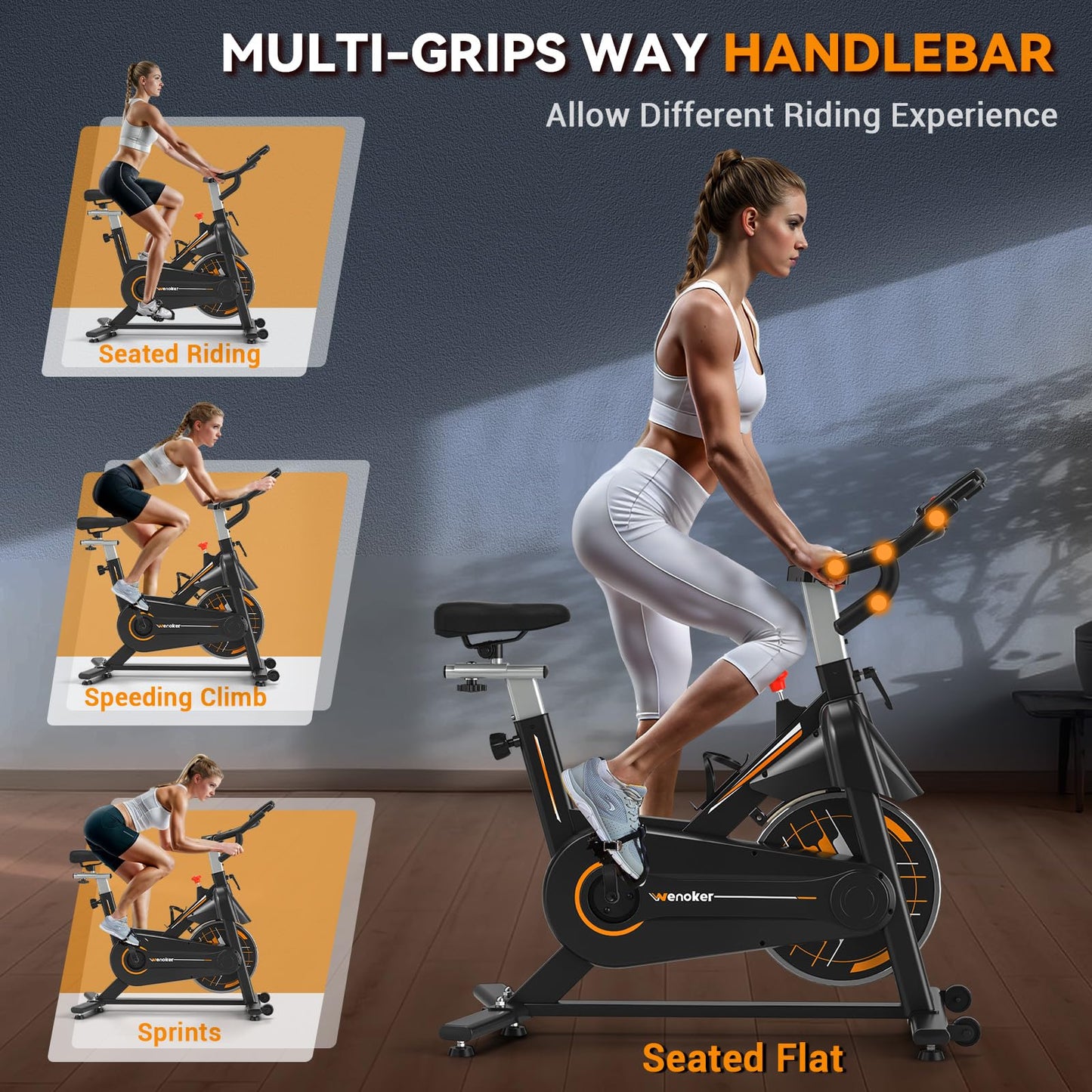 Exercise Bike, Wenoker Stationary Bike for Home, App Supported Indoor Bike with Silent Belt Drive, Heavy Flywheel, Multi-grips Handlebar and Upgraded Digital Display