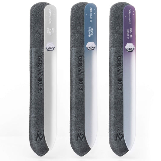 GERMANIKURE Czech Crystal Glass Nail File 3 Pack in Suede Sleeves - Professional Manicure & Pedicure Products for Smooth Easy Shaping of Natural Nails - Ideal Nail Care Gift