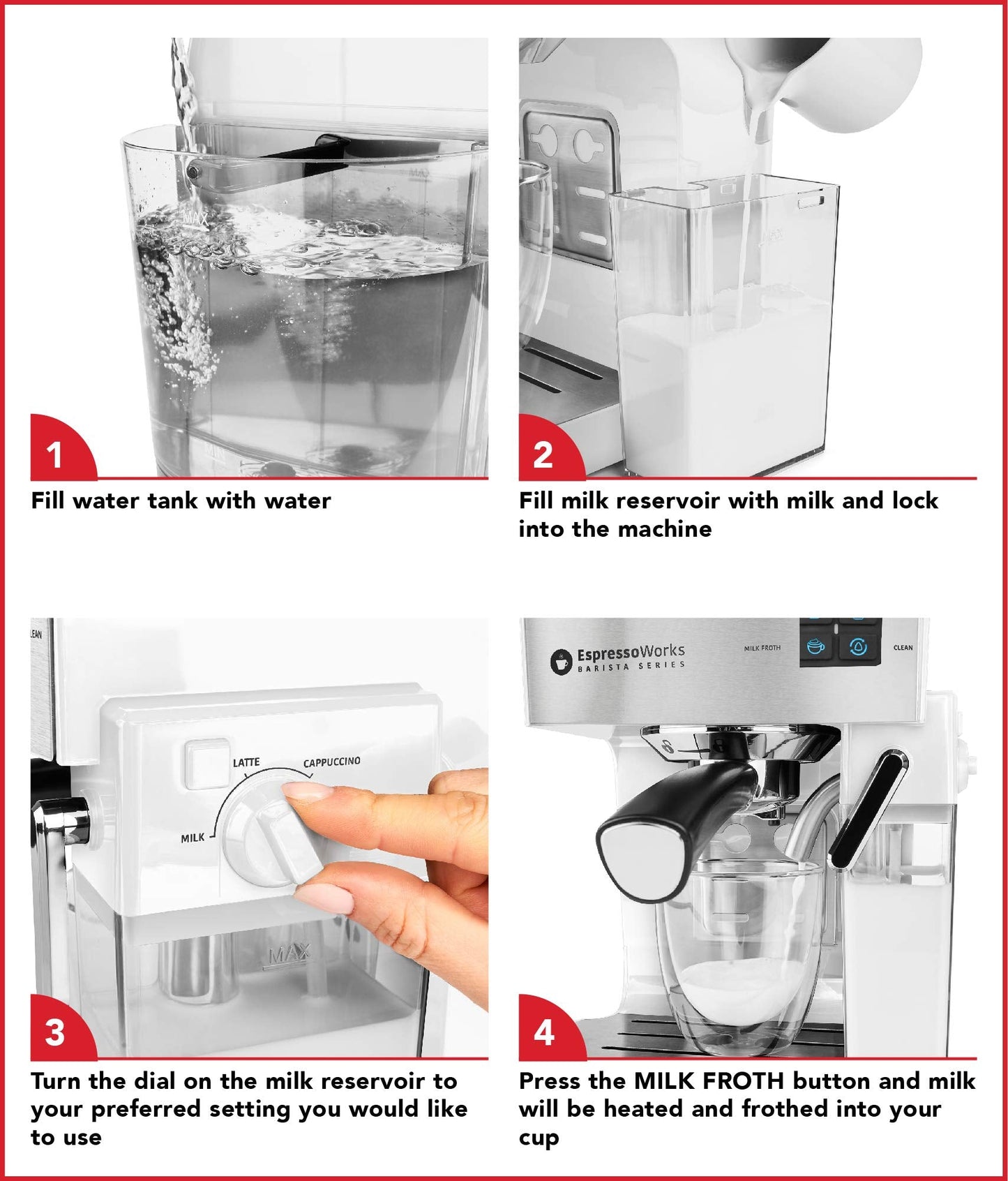 EspressoWorks 19-Bar Espresso, Latte and Cappuccino Maker 10-Piece Set - Brew Cappuccino and Latte with One Button - Espresso Machine with Milk Steamer 1250W - Coffee Gifts (White)