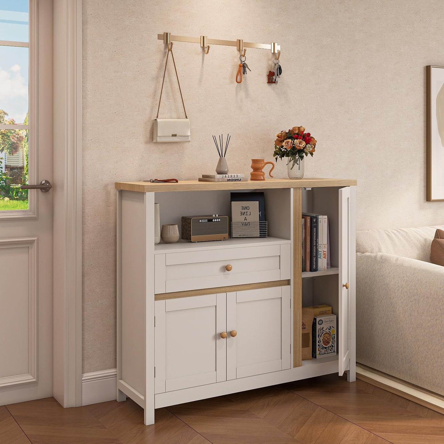 Viaozutis Storage Cabinet with Doors and Drawers,Kitchen Storage Cabinets，with Drawer and Adjustable Shelf（White）