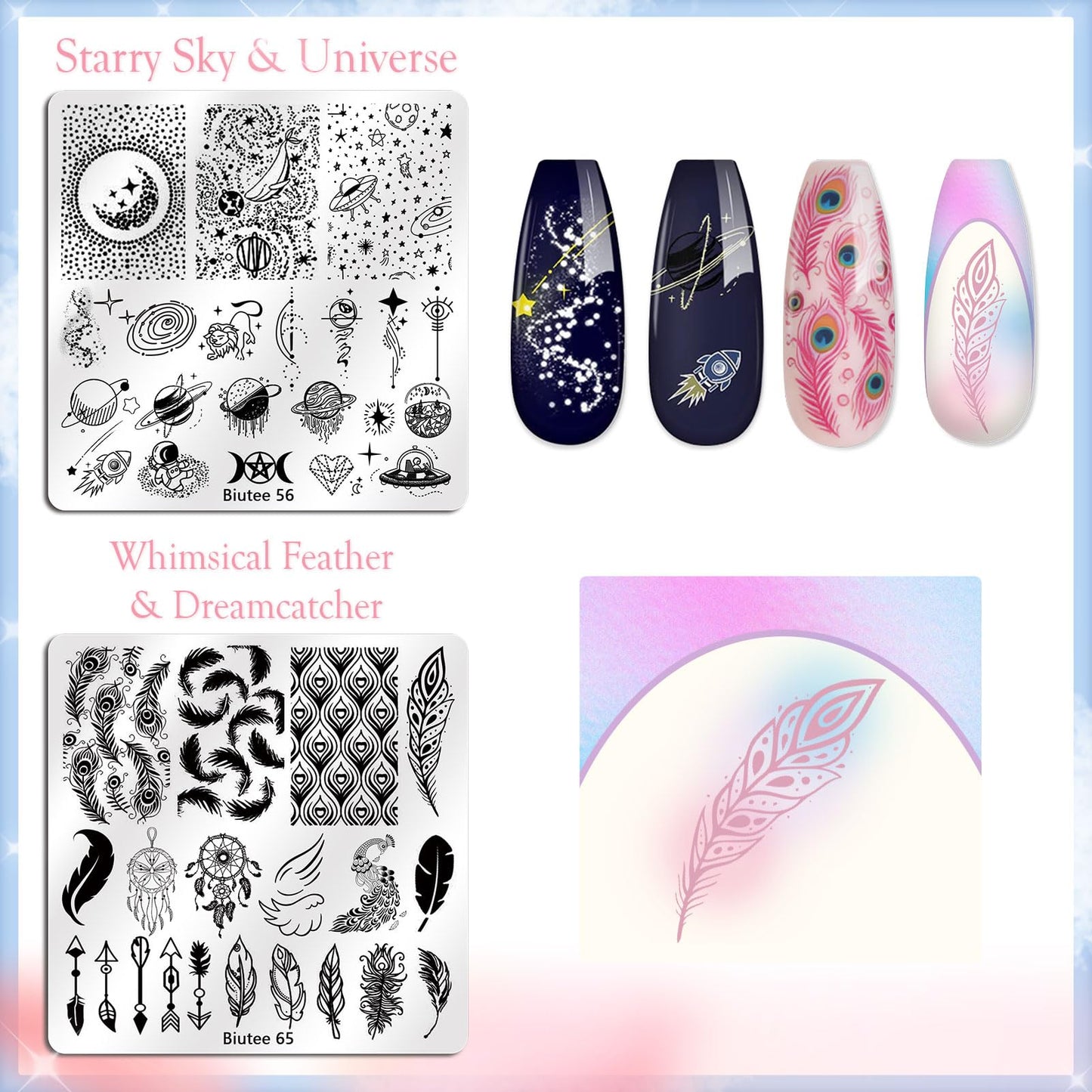 Biutee Nail Stamping Kit, 15 Nail Stamping Plates with Clear Stamper, 2 Scrapers, Storage Bag, Floral Butterfly Leaves Animal Summer DIY Nail Art Kit for Women Beginners