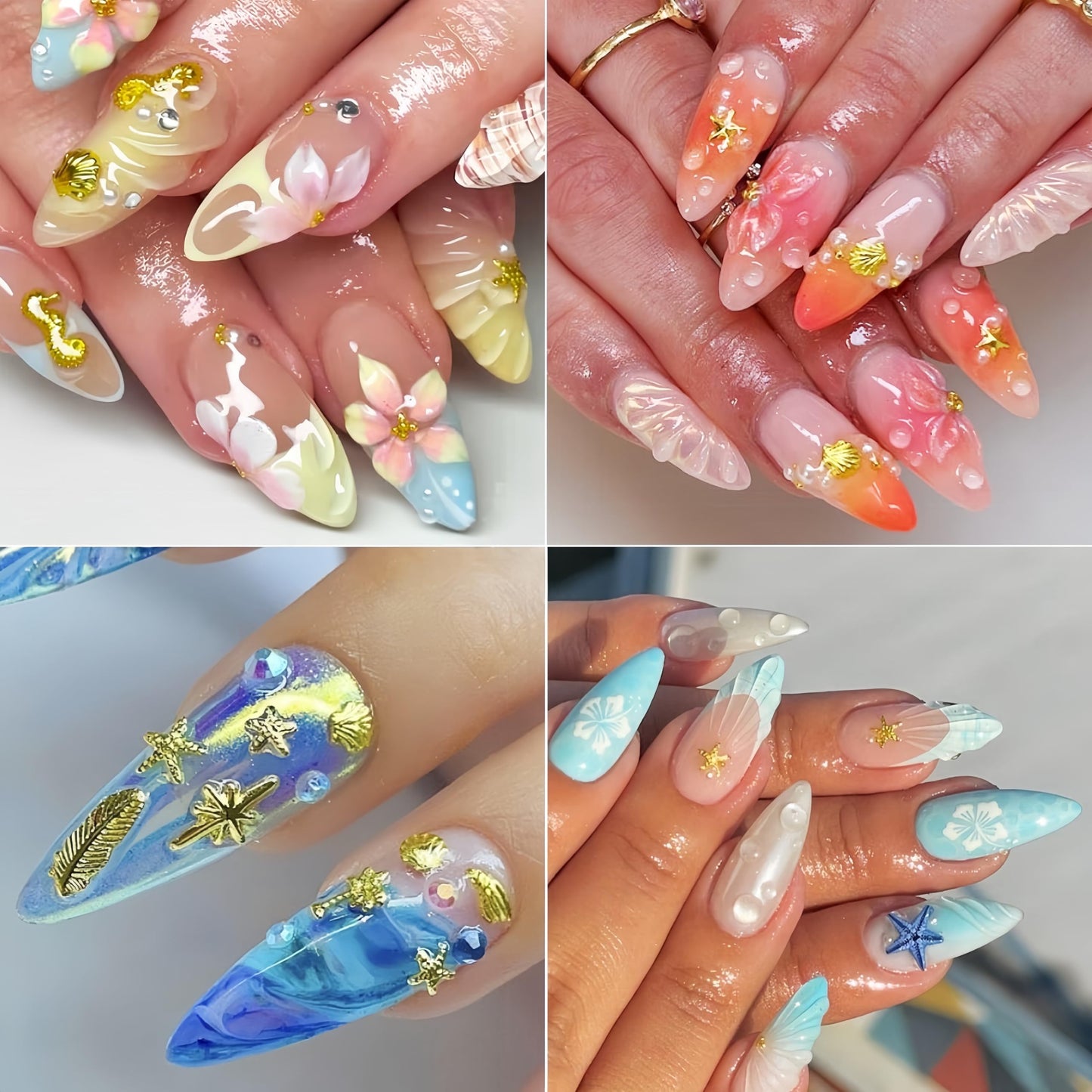 Gold Nail Charms Summer Ocean 3D Metallic Sun Flower Seahorse Jellyfish Starfish Nail Rhinestones Alloy Shell Coconut Tree Nail Jewelry Mixed Style Metallic Nail Rivets Nails Supplies for Women