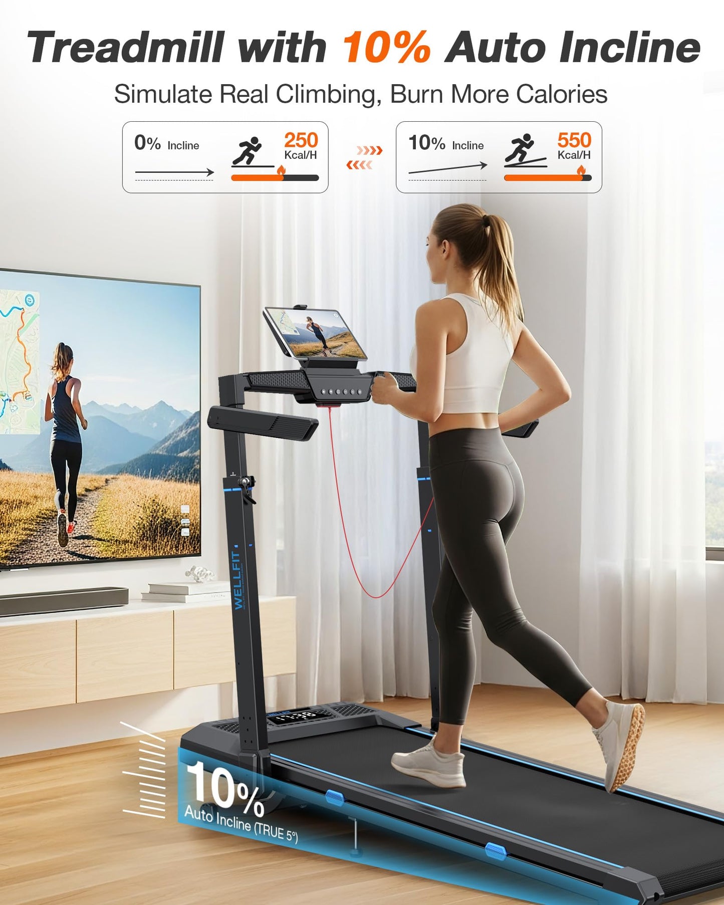 WELLFIT Treadmill with Auto Incline, 4 in 1 Foldable Treadmills for Home with Adjustable Height, 3.5HP Quiet Under Desk Treadmill, 350 LBS Capacity Portable Walking Pad with App, Space-Saving Design
