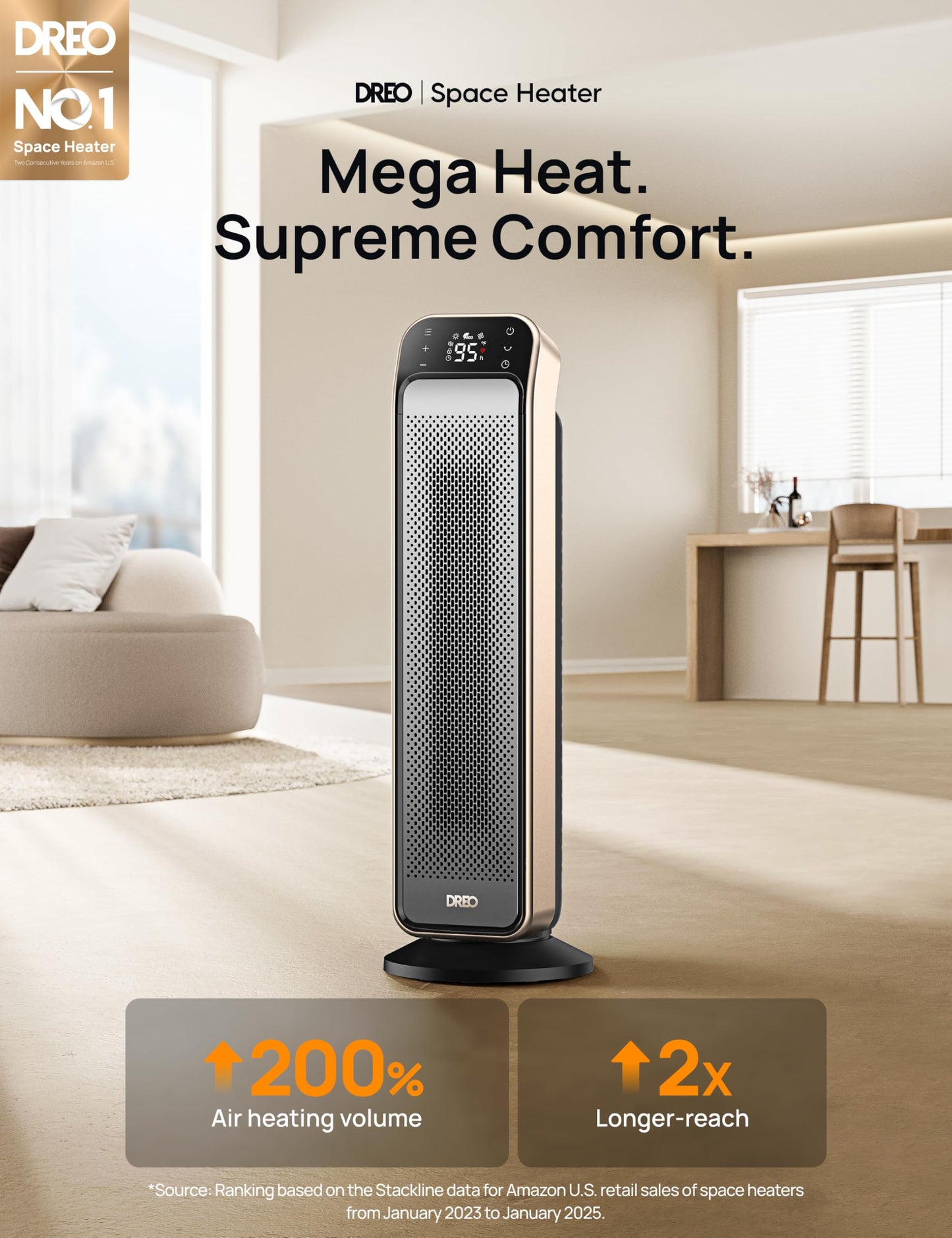 DREO Space Heater Indoor, 25" 11.5ft/s Fast Portable Room Heater with Remote and Thermostat, 3 Modes, Overheating & Tip-Over Protection, Electric Heaters for Indoor Use Large Room, Bedroom, Gold