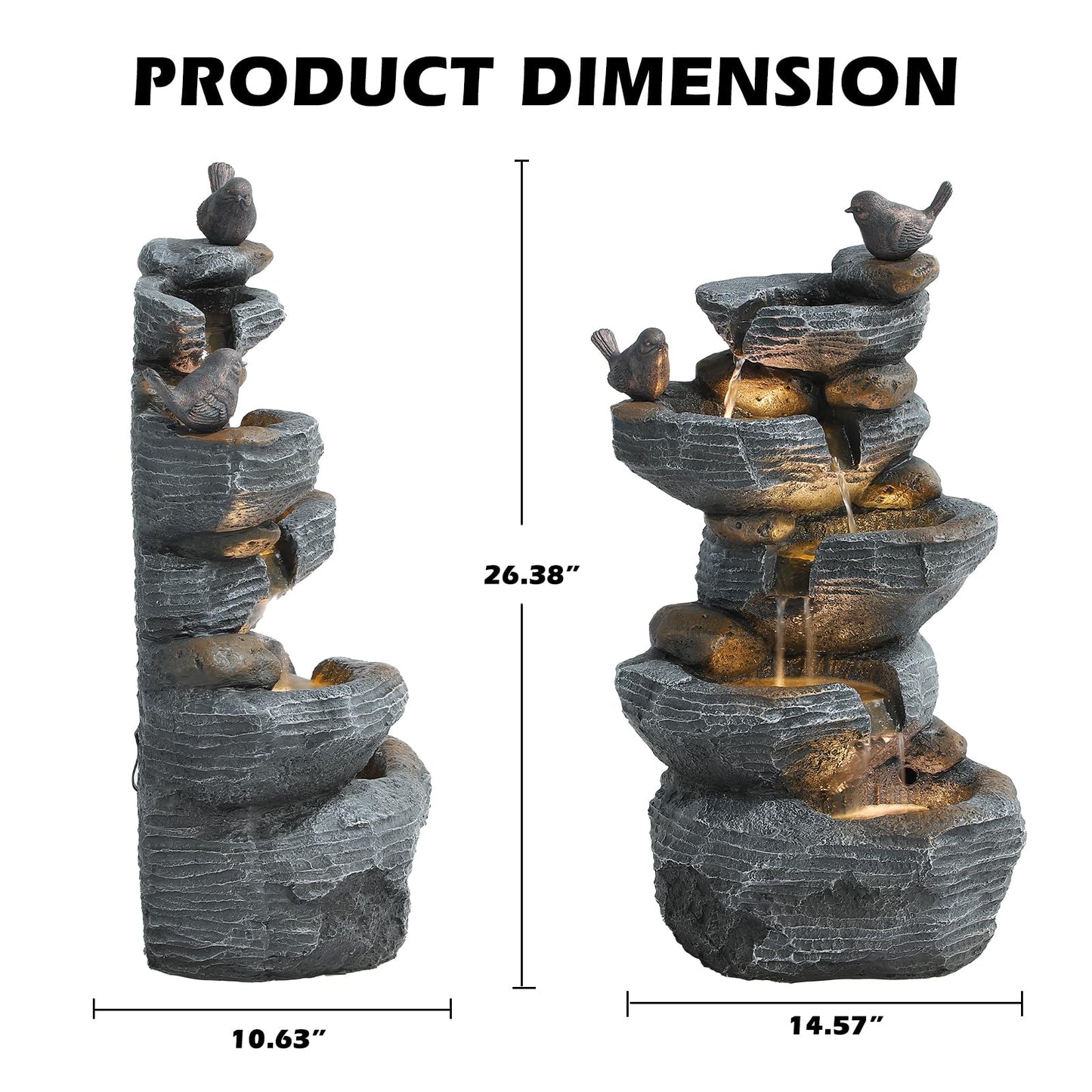 Grepatio Outdoor 5-Tiers Cascading Rock Water Fountain, Waterfall Fountain with 4 LED Lights, Outdoor Fountains and Waterfalls for Garden or Patio, Yard, and Deck Decor with Natural Stone Look