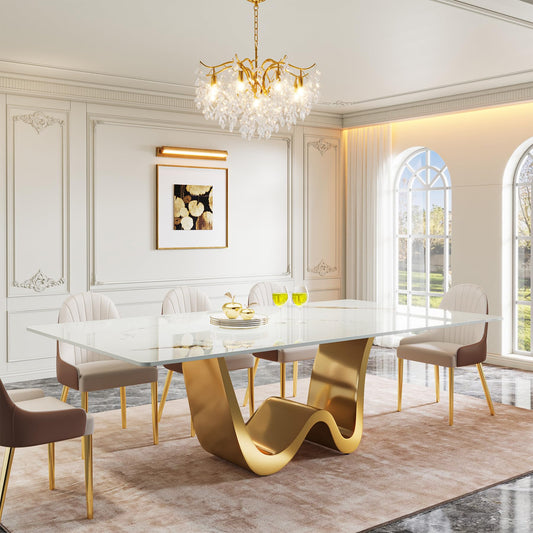 Tribesigns 78.74" Sintered Stone Dining Table for 6-8, Modern Rectangle Dining Table, Luxury White & Gold Kitchen Table with Stone Slate Katakin Tabletop & W-Shaped Stainless Steel Base (Only Table)