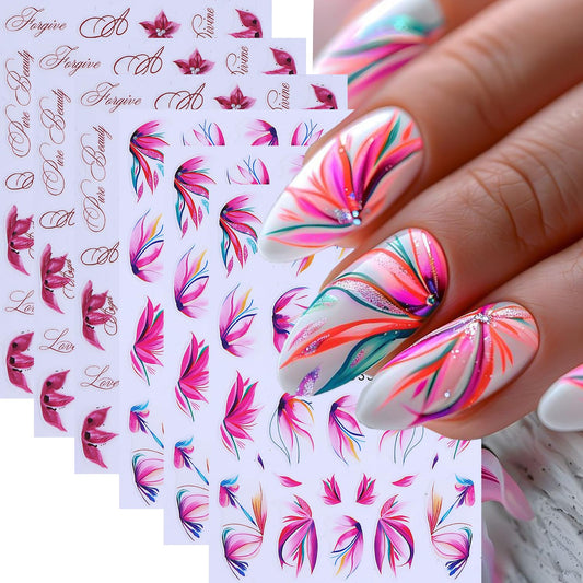 Flowers Nail Art Stickers Retro Cherry Blossom Petals Nail Art Decals 6Sheets 3D Self-Adhesive Lavender Floral Nail Stickers Purple Flower Letter Nail Decals for Women Summer Manicure Decorations