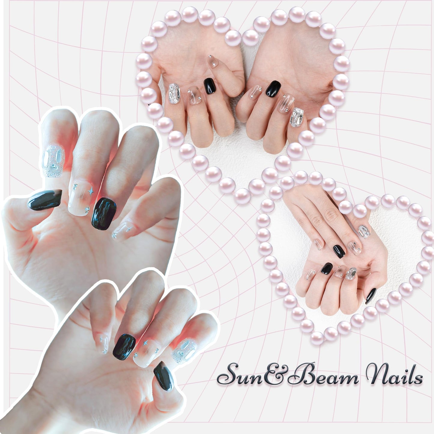 Sun&Beam Nails Handmade Press-on Short Squoval Round Black Silver Brown Rhinestone Star Y2K Design Fashion False Nail Tips 10 Pcs Set (#184 S)