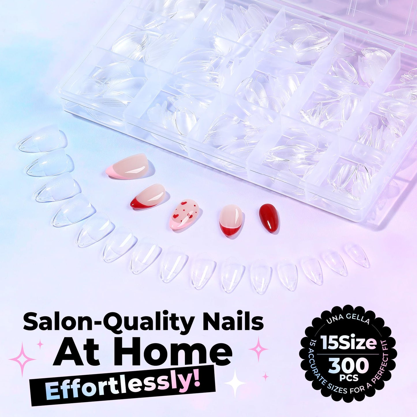 UNA GELLA Short Almond Nail Tips 15 Sizes 300PCS Pre-Etched Soft Gel Clear Nail Tips Easy DIY Salon Short Almond Press On Nails Snug Fit Acrylic Fake Tips Extensions Long-Lasting Hold