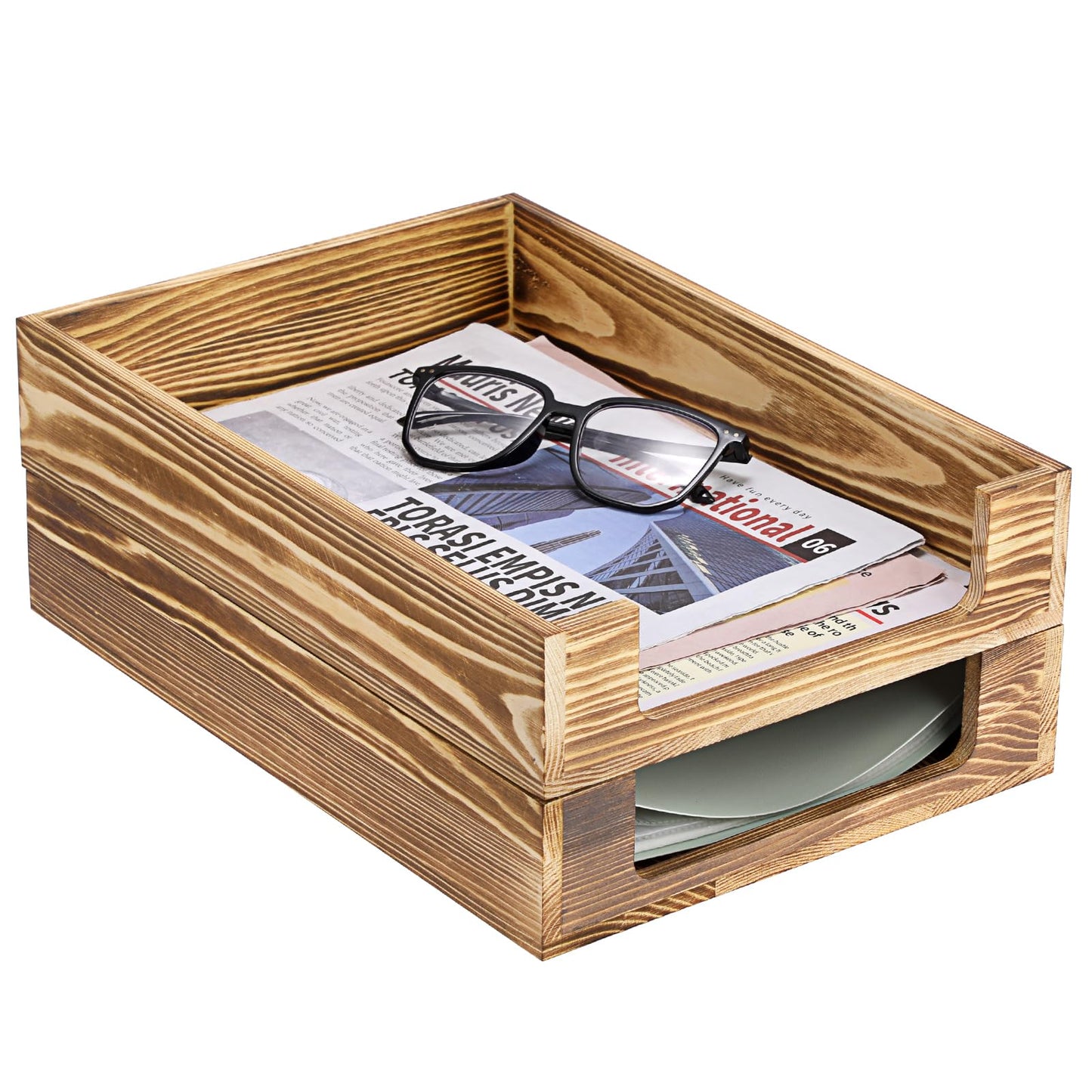 BTSKY Wood Letter Tray Front-Load Document Organizer for Office Desktop Organizer - Desk Magazine, File Folder, Paper Holder - Stackable Paper Document File Tray, 2 Pack