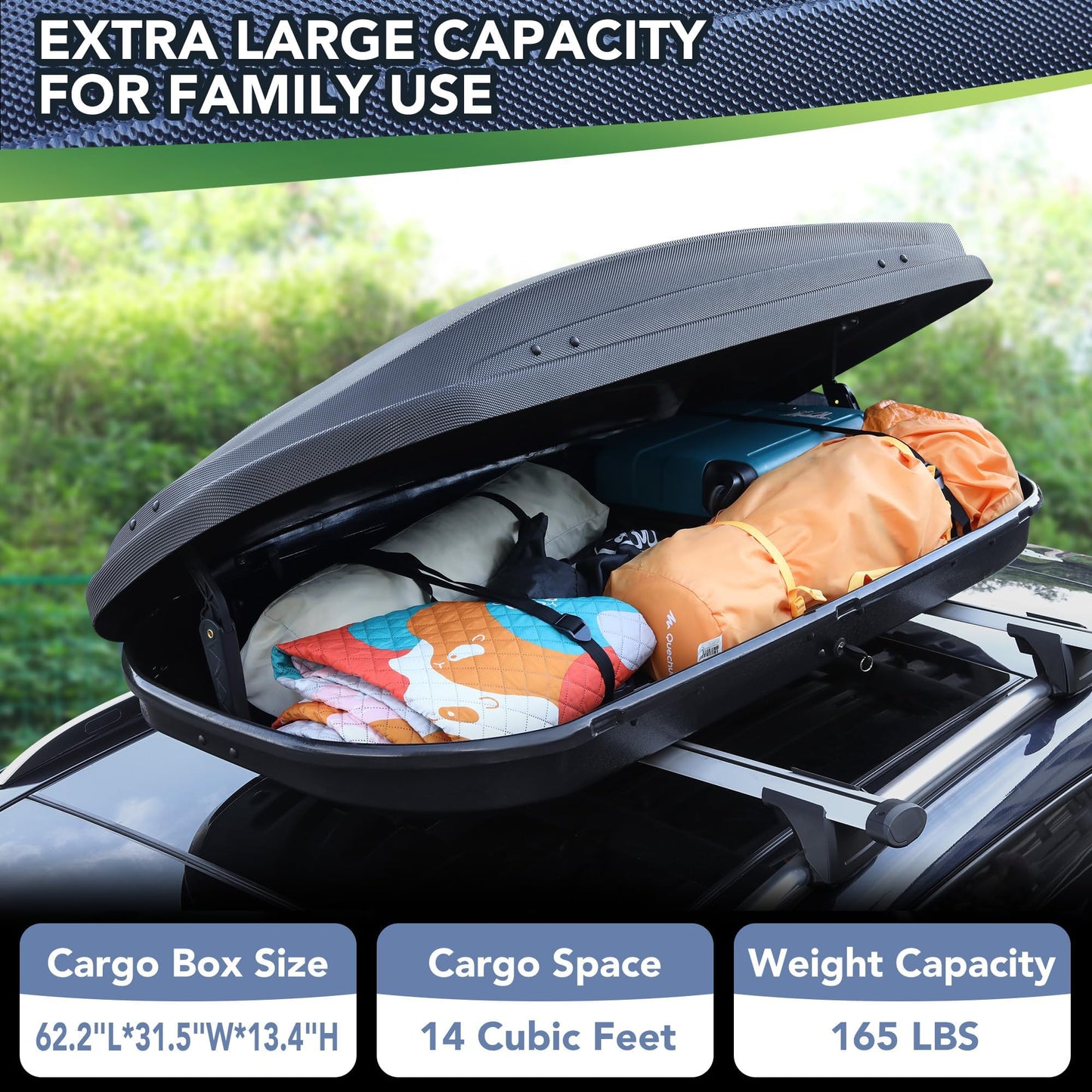 Hard Shell Rooftop Cargo Carrier with 14 cu ft Capacity, Weather-Resistant roof Cargo Box for car top Carrier, Features Dual-Side Access, Secure Straps, and Keys for Safe Storage.