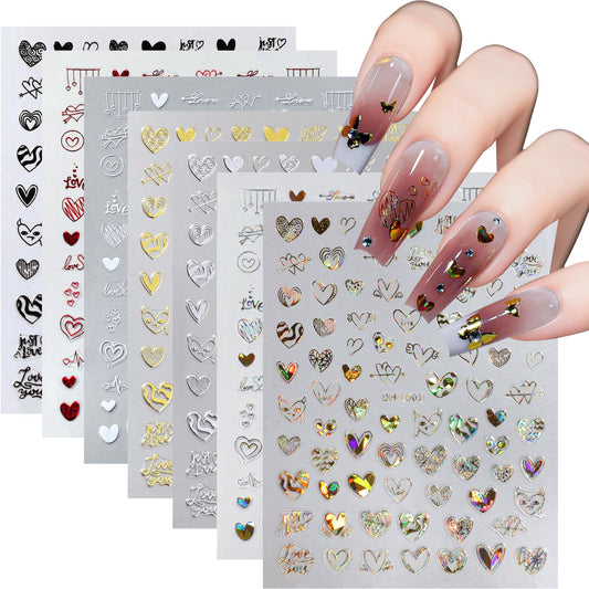 7 Sheets Heart Nail Stickers for Nail Art Valentine’s Day Nail Decals 5D Self-Adhesive Coloful Metal Heart Nail Design Valentines Day Nails Supplies for Women Girls DIY Nail Art Decor
