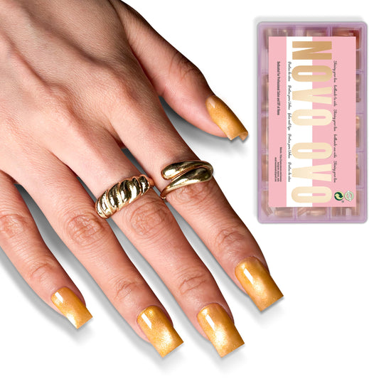 NOVO OVO Short Square Nail Tips 150Pcs Cat Eye, Golden Brown Sharp Square Gel X Nail Tips, Glossy Finished with Top Coat, Full Cover Fake Nails No C Curve for Home DIY Typing Scenario, 15 Sizes