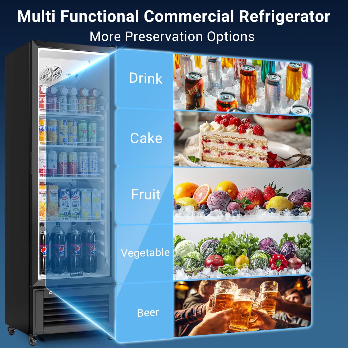 BODEGACOOLER 11.5 Cu.Ft. Commercial Merchandiser Refrigerators, Adjustable shelves & Automatic Defrost, Commercial Beverage Refrigerator Glass Door For Drink, Soda, Garage, Gym, Man cave, Shop, Office
