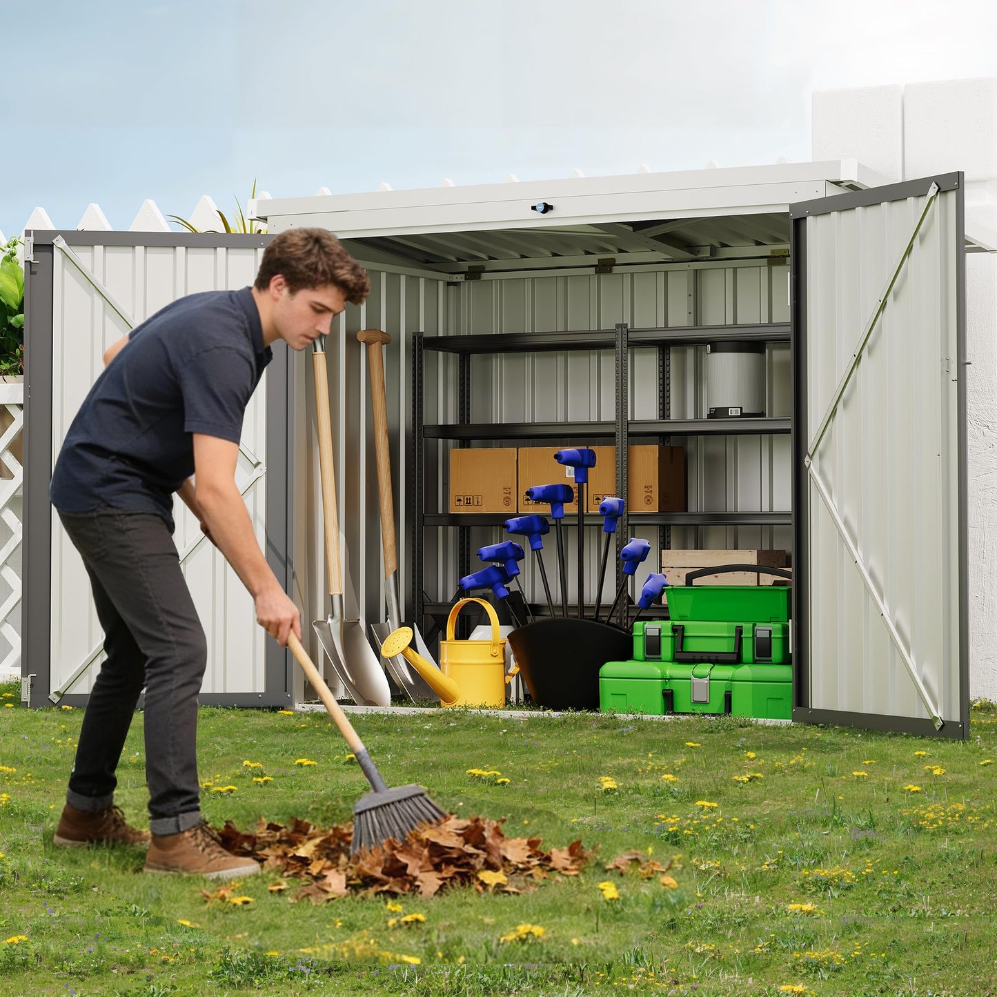 GarveeLife Outdoor Storage Shed, 80 Cu.Ft Outdoor Trash Can Storage Box with Lockable Door&Sloped Roof,Cabinet with Multi-Use Rust Prevention Galvanized Steel Enclosure for Yard, Garden, Patio