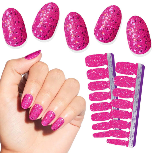 Color Street Hibiscus Heat Nail Polish Strips- Vibrant Magenta with Holographic Glitter Finish, 16 Double-Ended Strips, Easy Application, No Dry Time