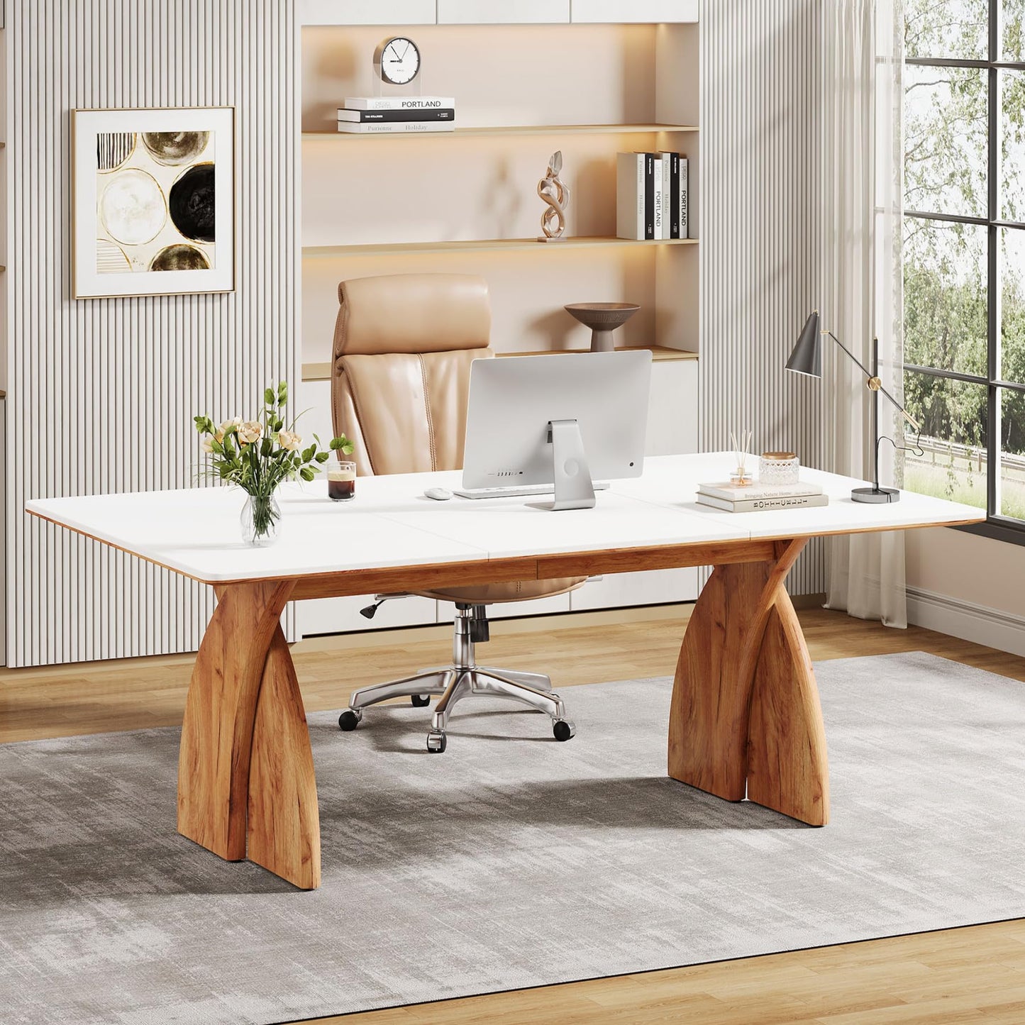 Tribesigns 63-Inch Executive Desk, Large Office Computer Desk with Heavy Duty Legs, Simple Laptop Desk Study Writing Table Business Furniture for Home Office (White and Brown)