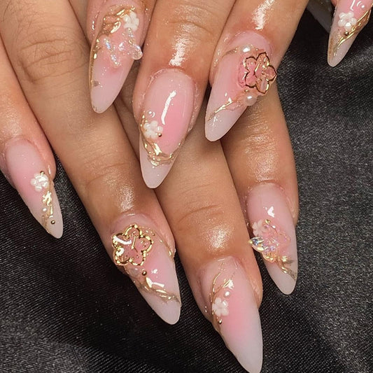 IMSOHOT Press on Nails Medium Almond Fake Nails Pink Ombre Glossy Glue on Nails Full Cover 3D Golden Flower Stick on False Nails for Women Girls 24Pcs