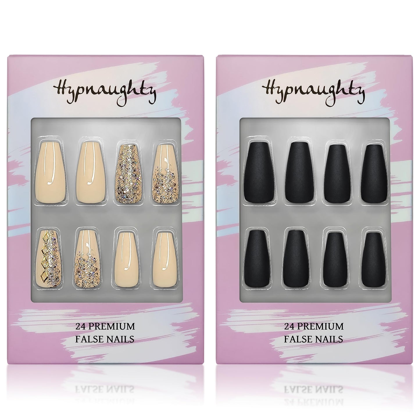 Hypnaughty Press On Nails - Vegas Gold and Nude Luxury Design with Ombre Glitter & Noir Black Matte Luxury Coffin, Trendy & Salon Quality Reusable Nails With Kit