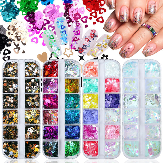Lifextol 4 Box Nail Glitter for Press on Nails DIY Supplies, Chunky Glitter Acrylic Powder Nails Fine Glitter for Fake Nails Decor, Holographic Glitter Shapes Flakes Nail Sequins Foils Nail Charms Y2K