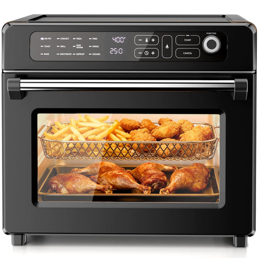 Kismile 25QT Air Fryer Toaster Oven Combo, 12-in-1 Large Countertop Convection Airfryer Oven, 70–450℉, Bake, Roast, Reheat, Broil, Fits 12″ Pizza, Includes Full Accessories, Stainless Steel(Black)