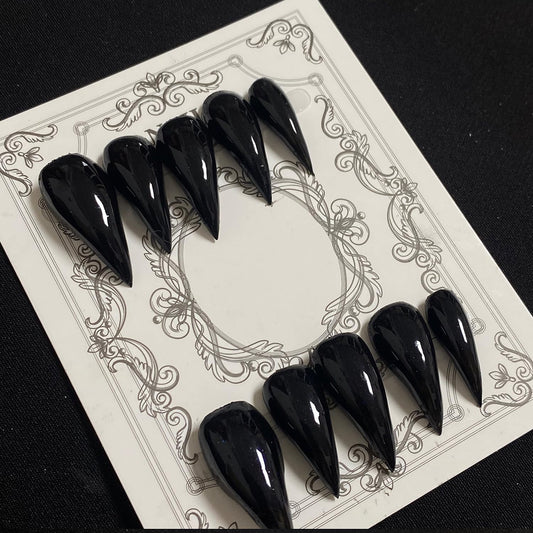 Eagle Claw Press on Nails Handmade Medium Stiletto Unique Thick Acrylic Nails Black Talon False Nails Cat Claw Glossy Glue on Nail Solid Colour Curved Sturdy Nail Art 10Pcs(M)