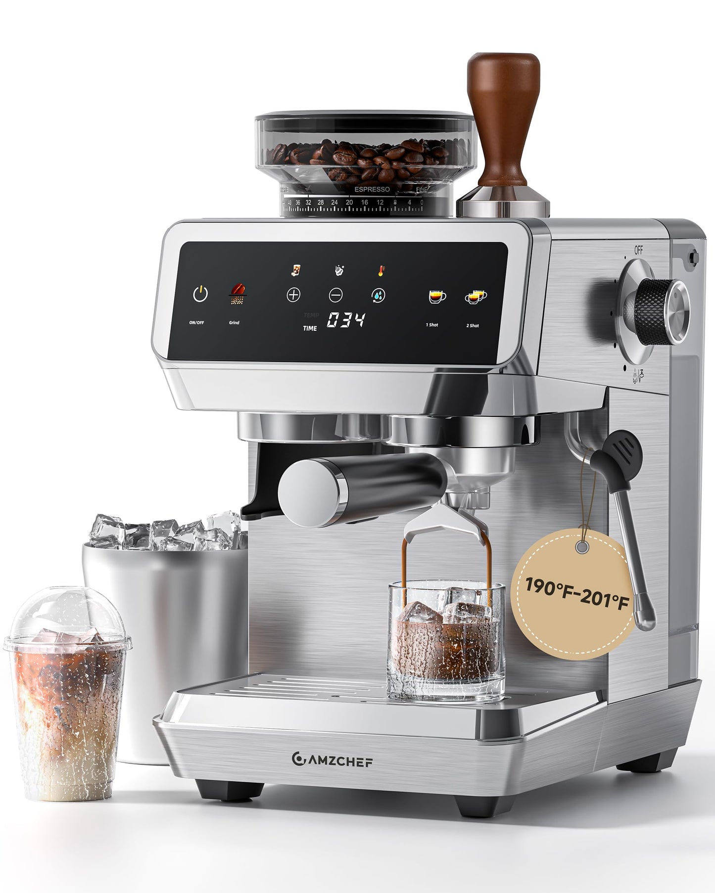 AMZCHEF Espresso Machine With Grinder, 190℉-201℉ Temp Control Coffee machine with 44 Grind Setting, Milk Frother, Touch Screen, Cold Brew, Sliver