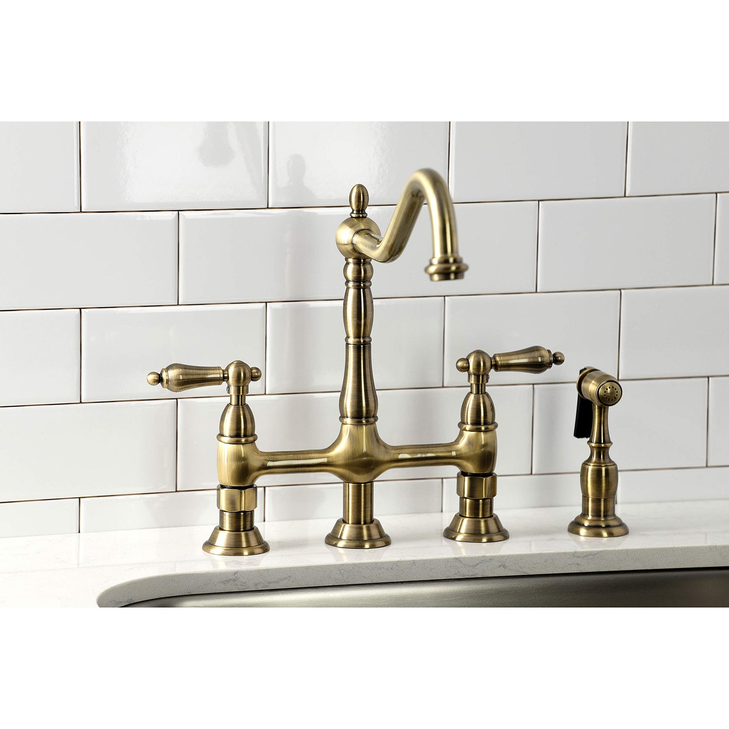 Kingston Brass KS1273ALBS Heritage 8-Inch Kitchen Bridge Faucet with Brass Sprayer, Antique Brass