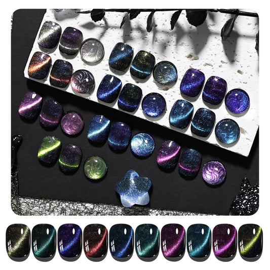 JODSONE 10 Color Cat Eye with Base Coat and Top Coat Magnetic Stick Multi-Color Glitter Gel Nail Polish Assortment Regal Unique Shimmering Effect