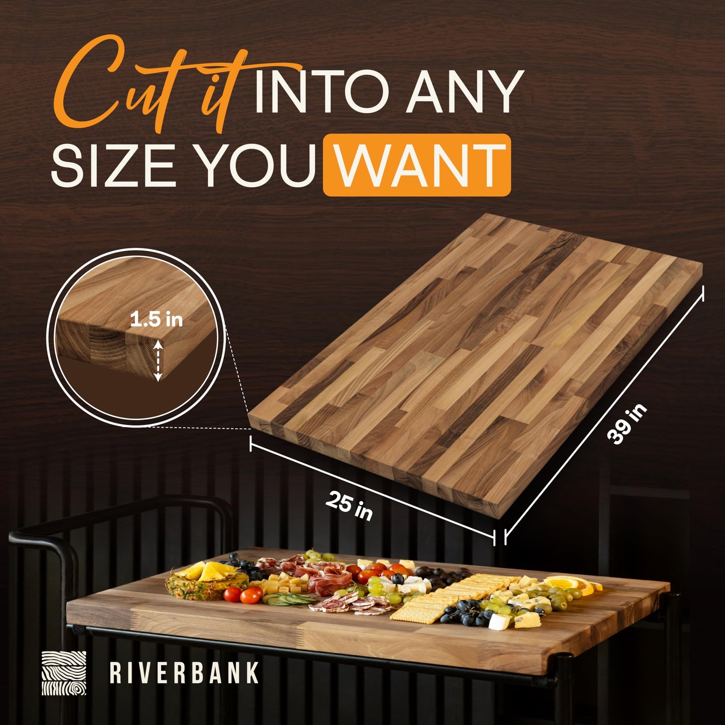 Riverbank Walnut Butcher Block Countertop, 39" Long, 25” Wide, 1.5” Thick Unfinished Solid Wood Tabletop, Perfect for Charcuterie Board, Cutting Board, DIY Hardwood Kitchen Island or Desktop