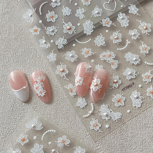 Flower Nail Stickers for Nail Art White Floral Nail Art Stickers 5D Embossed Self-Adhesive with Pearl Design Nails Charms Supplies for Women Girls
