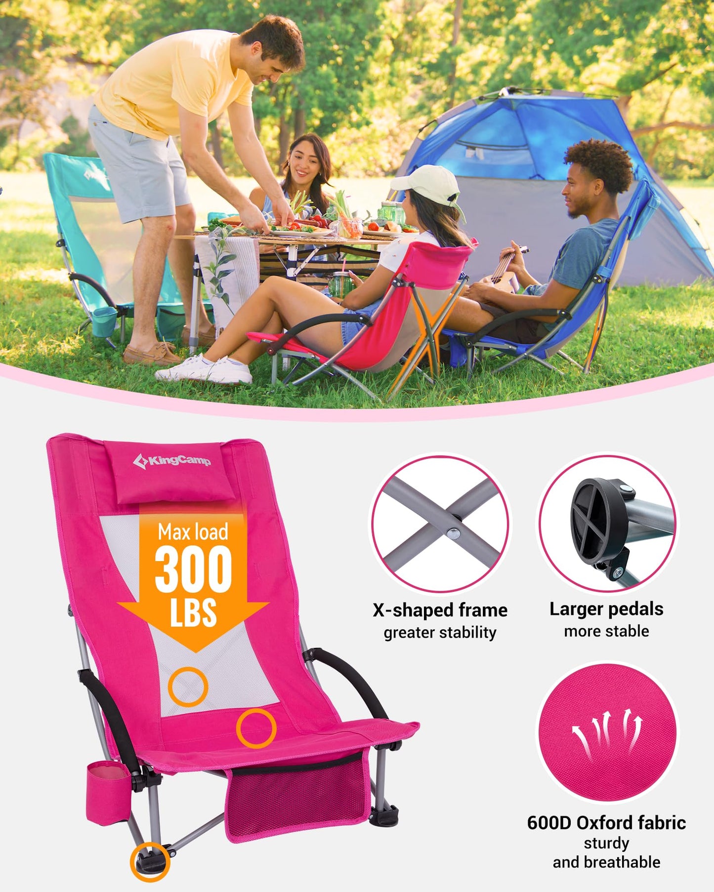 KingCamp Low Beach Chairs, Portable Folding Chair for Adults Extra Wide Ergonomic High Back Seat 300lbs Heavy Duty Lightweight Oversized Gear with Carry Bag for Outdoor Lawn Camping Picnic