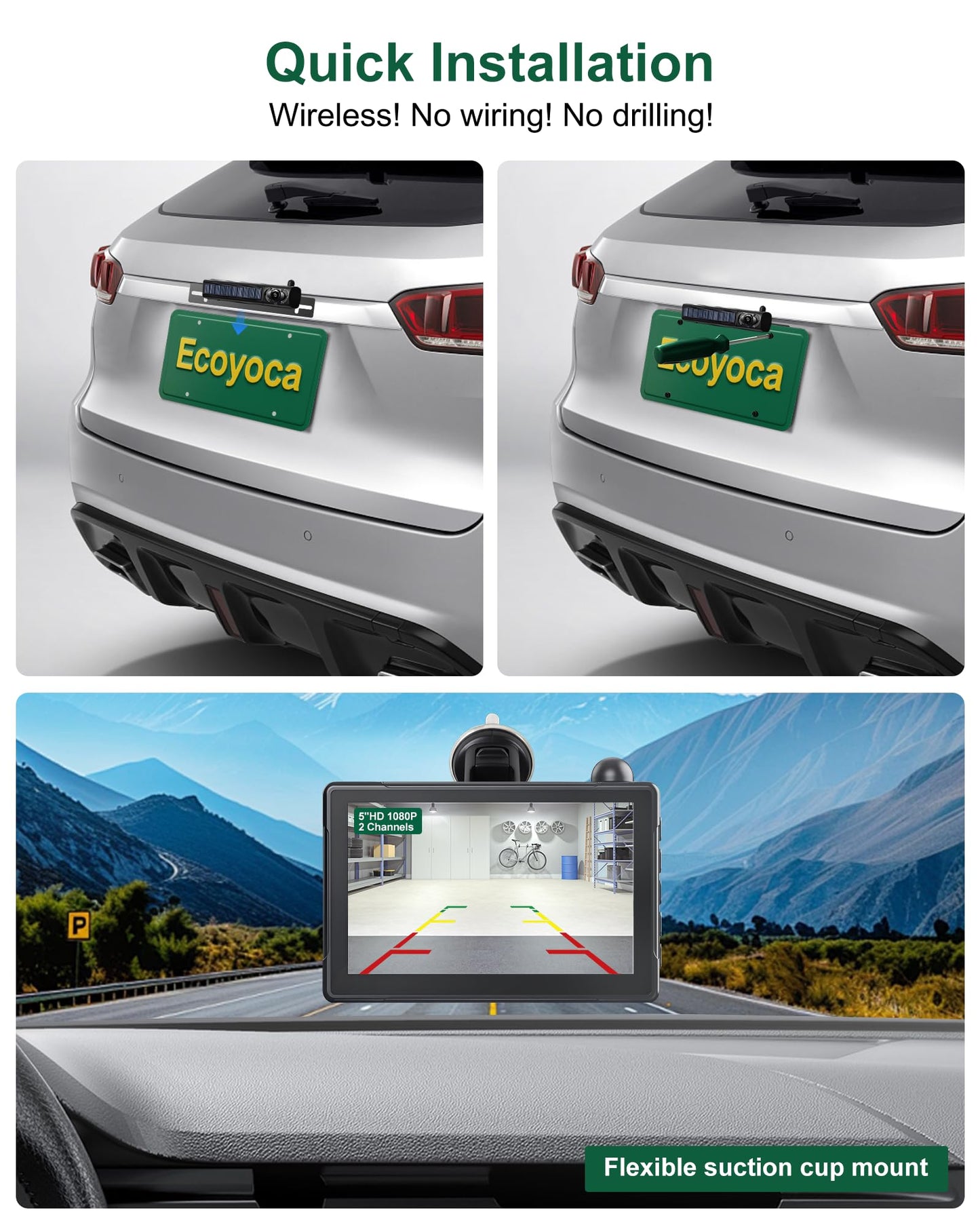 Ecoyoca Solar Wireless Backup Camera 5'' HD Split-Screen Monitor Reversing Camera Stable Signal Dual Channel Back Up Kit Easy Installation Night Vision Waterproof Reverse Camera for Car RV Van SUV