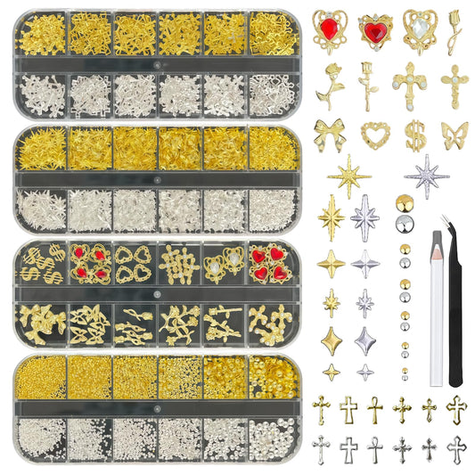 KINGNAME Gold Nail Charms and Gems Set, 4 Boxes Nail Gems Nail Pearls Nail Art Tools, 3D Cross Nail Charms Heart Nail Rhinestones for Nails Supplies, Charms for Nails Design Nail Art Kit