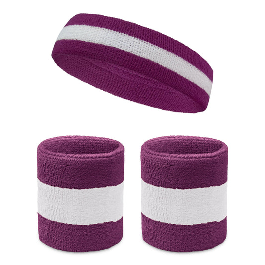 COUVER Sweatband Set (3-Pack) - Cotton Terry Cloth Sports Headband & Wristbands - Moisture Wicking for Basketball, Tennis & Fan Gear, White/Purple