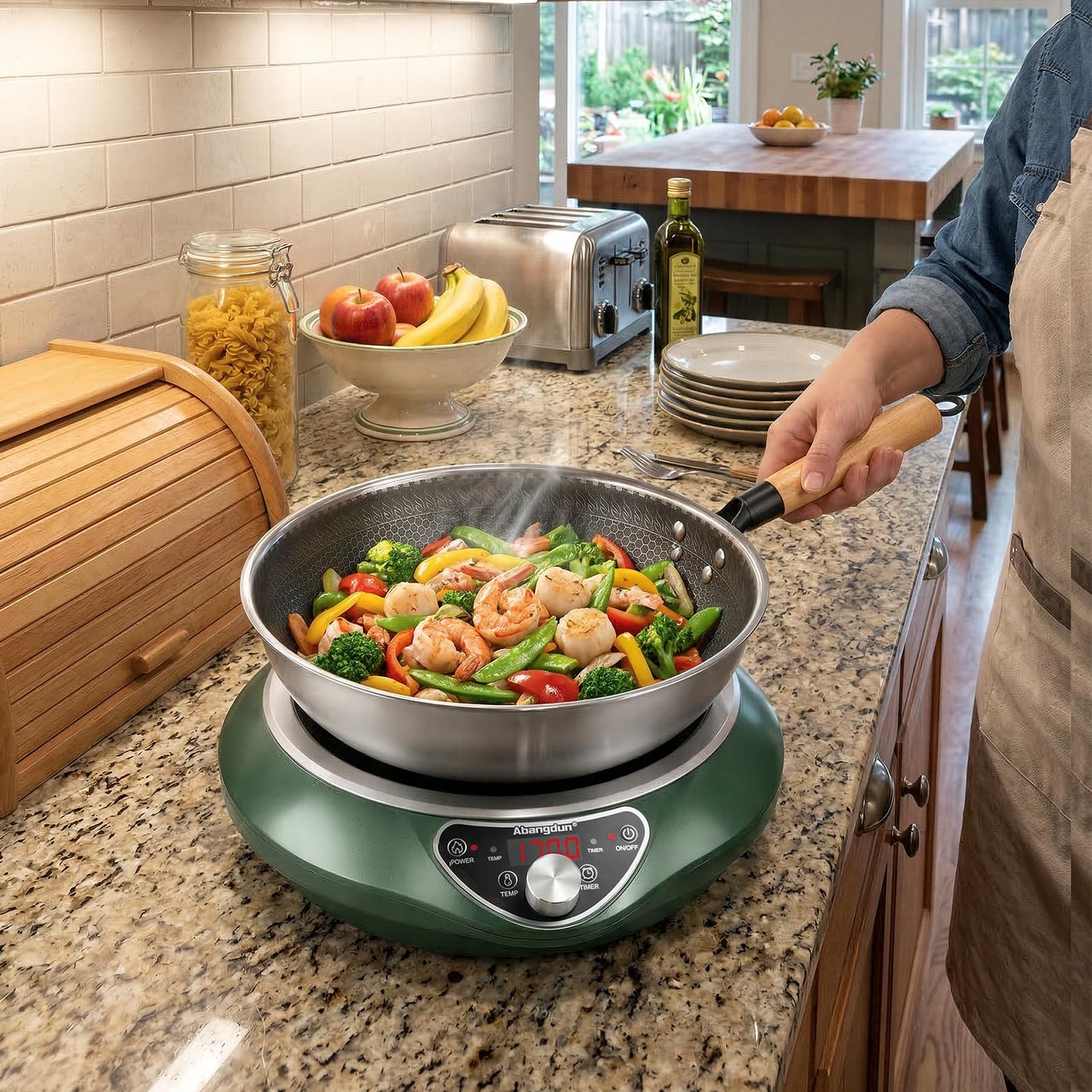 Abangdun Concave Induction Wok Cooktop 1700W 120V – Continuous Non-Pulsed Heating Stir Fry Burner for Asian Cooking, Stainless Steel Wok Induction Burner for Round Bottom Woks