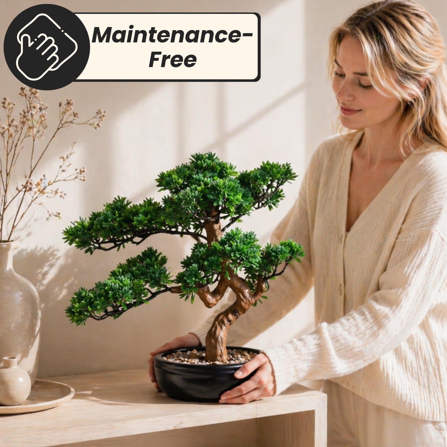 Artificial Bonsai Tree 16" Tall with Realistic Wood and Ceramic Pot, Fake Plants for Home, Bedroom and Office Desk, Japanese Decor
