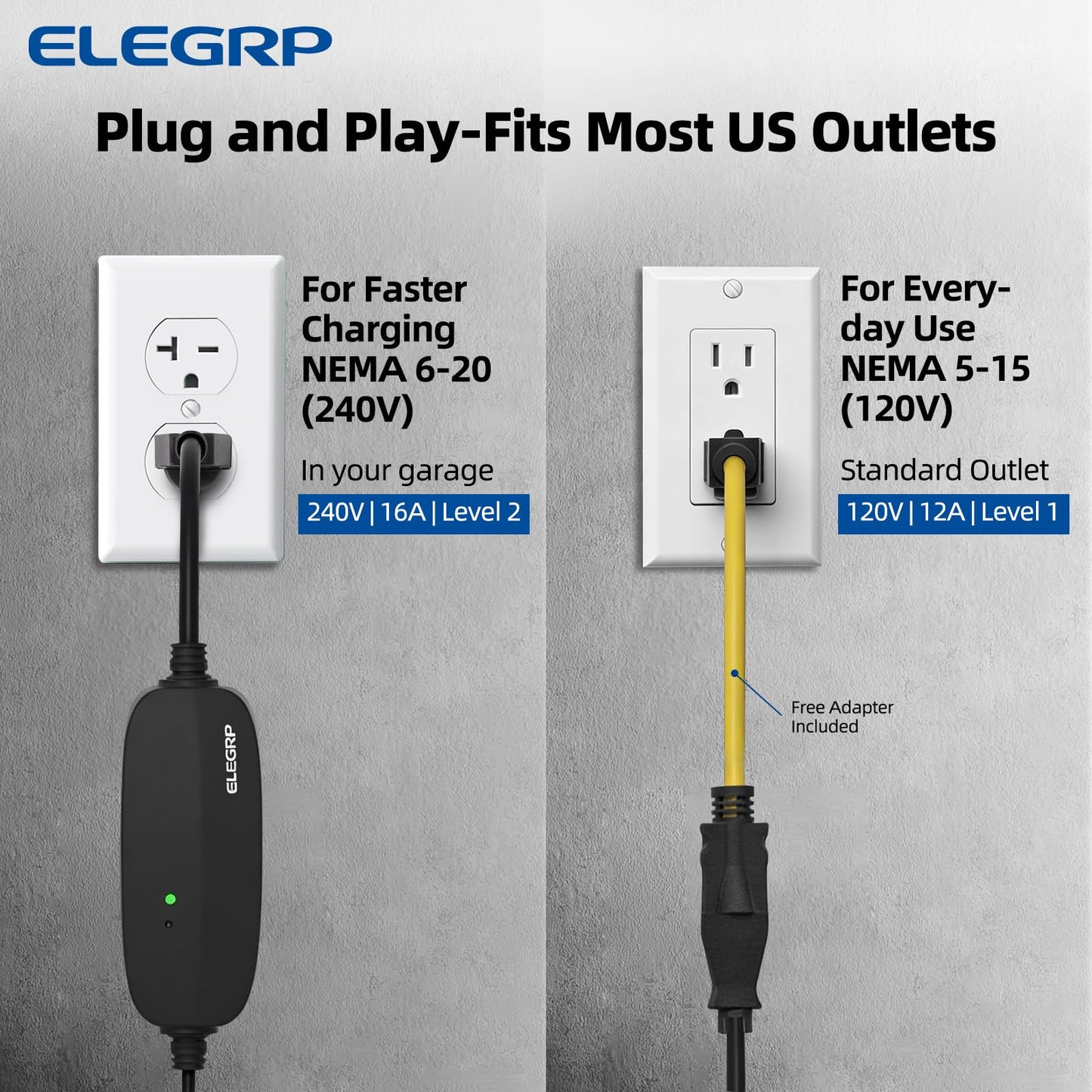 ELEGRP Level 1/2 EV Charger, 16 Amp, Portable J1772 Electric Car Charger, 25FT Cable, NEMA 6-20 & 5-15 Adapter, 110V-240V for BEVs/PHEVs, PBE & LRC Technology