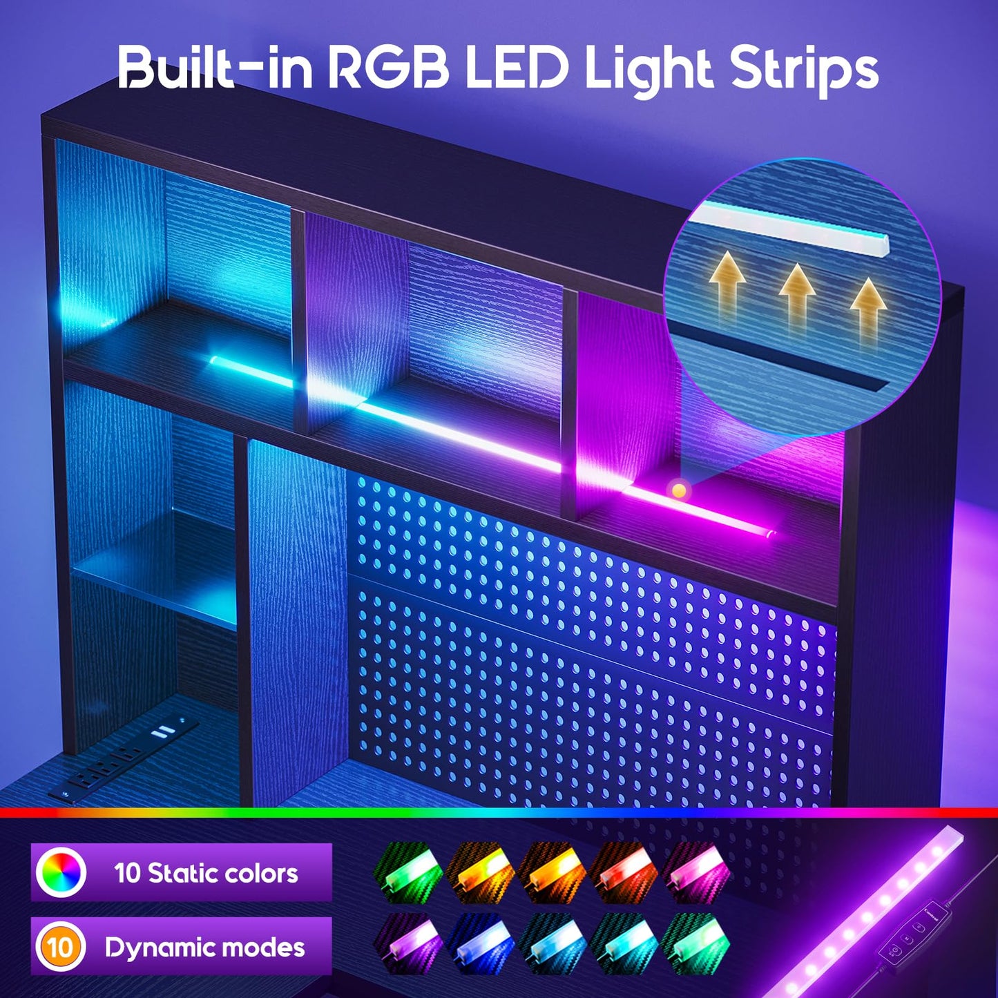 AODK 63" L Shaped Gaming Desk with Hutch, Storage & Shelves, L Shaped Desk with 4 Drawers, Inserted LED Light Strip & Power Outlets, Computer Desk with Pegboard for Entertainment, Office Desk, Black