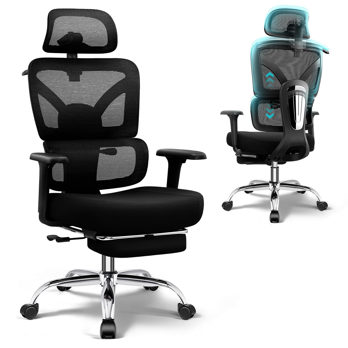 TECHREST Ergonomic Office Chair with Footrest, Big and Tall Home Desk Chair, High Back Rolling Computer Chair with 3D Arms and Lumbar Support, Comfortable Gaming Chair, Swivel Mesh Chairs, Black