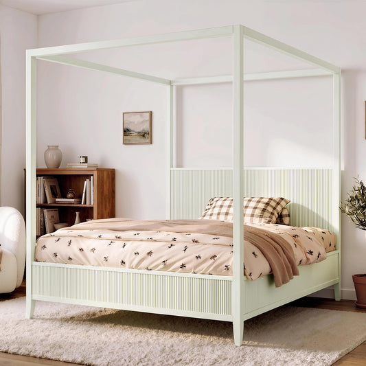 Merax Modern Luxury Queen Size Wooden Canopy Bed Frame with Headboard, Slats Support, Wood 4 Poster Bed Frame, No Box Spring Needed, Contemporary Bedroom Furniture, Beige