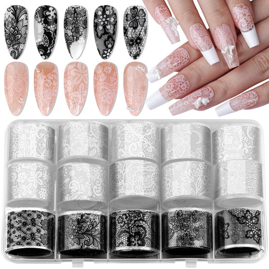 Lace Nail Foil Transfer Sheets, 15 Rolls Black White Flower Nail Art Transfer Foils Decals, Flower Nail Art Foils Decals Holographic Foils for Nails Manicure DIY Nails Decoration (10White+5Black)
