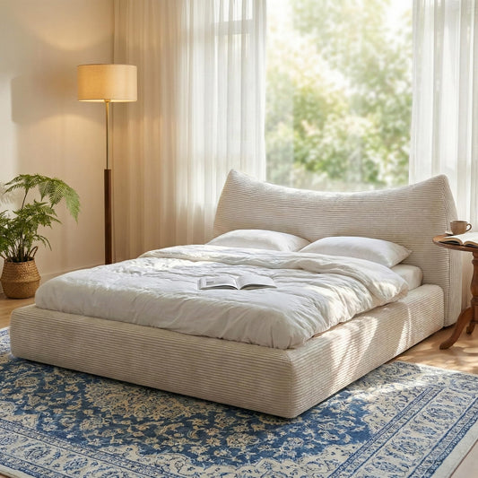 Homkdom Cloud Bed Frame with 9.4" Extra Thick Soft Headboard, Anti-Collision Round Corner Soft Queen Bed Frame for Modern Bedroom,Apartments,Bed Frame Queen Size with No Box Spring Needed,Beige