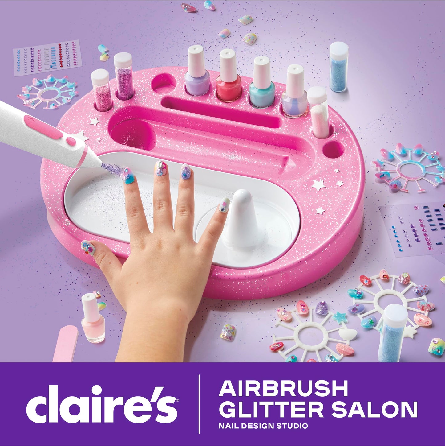 Claire's Kids Nail Art Kit, 67-Piece Airbrush Glitter Salon Nail Charms & Accessories Set, Polish, Press-On Nails, Stickers, Wraps, Girl Toys & Beauty Activity, Manicure Fashion Gift for Girls Age 8+
